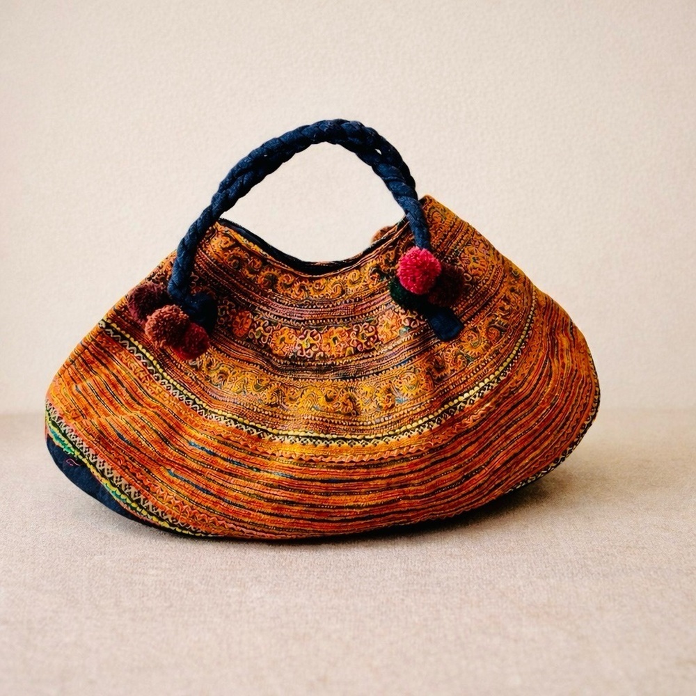 Boho Ethnic Woven Handbag with Braided Handles & Pom Pom Accents